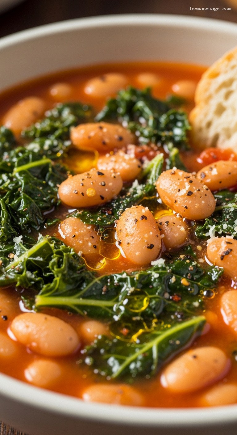 Rustic Tuscan White Bean Stew with Kale and Tomatoes – Closeup