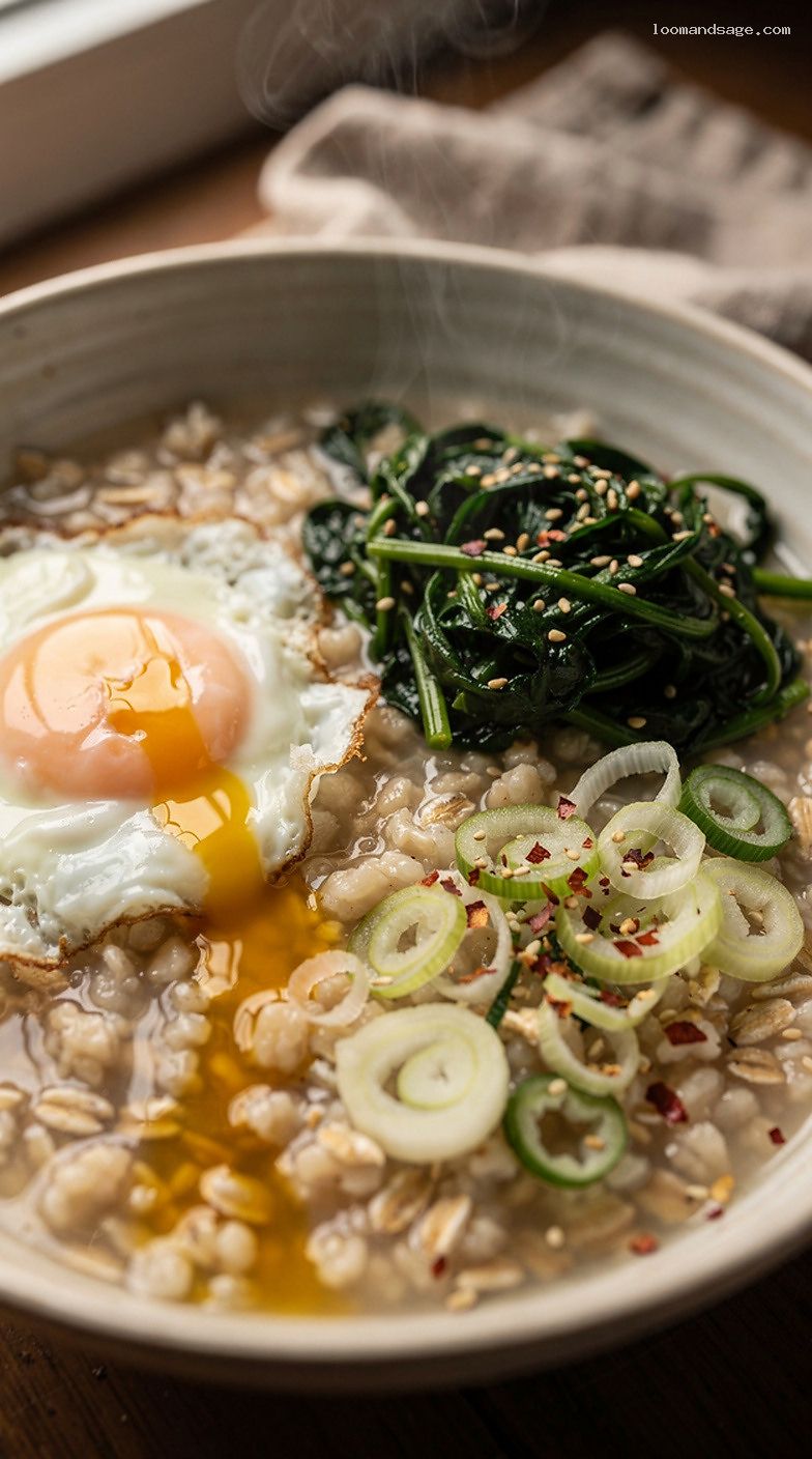 Savory Broth Oatmeal With Egg and Sautéed Greens – Closeup
