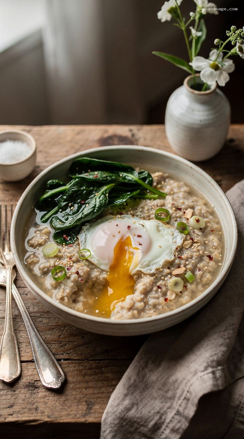 Savory Broth Oatmeal With Egg and Sautéed Greens