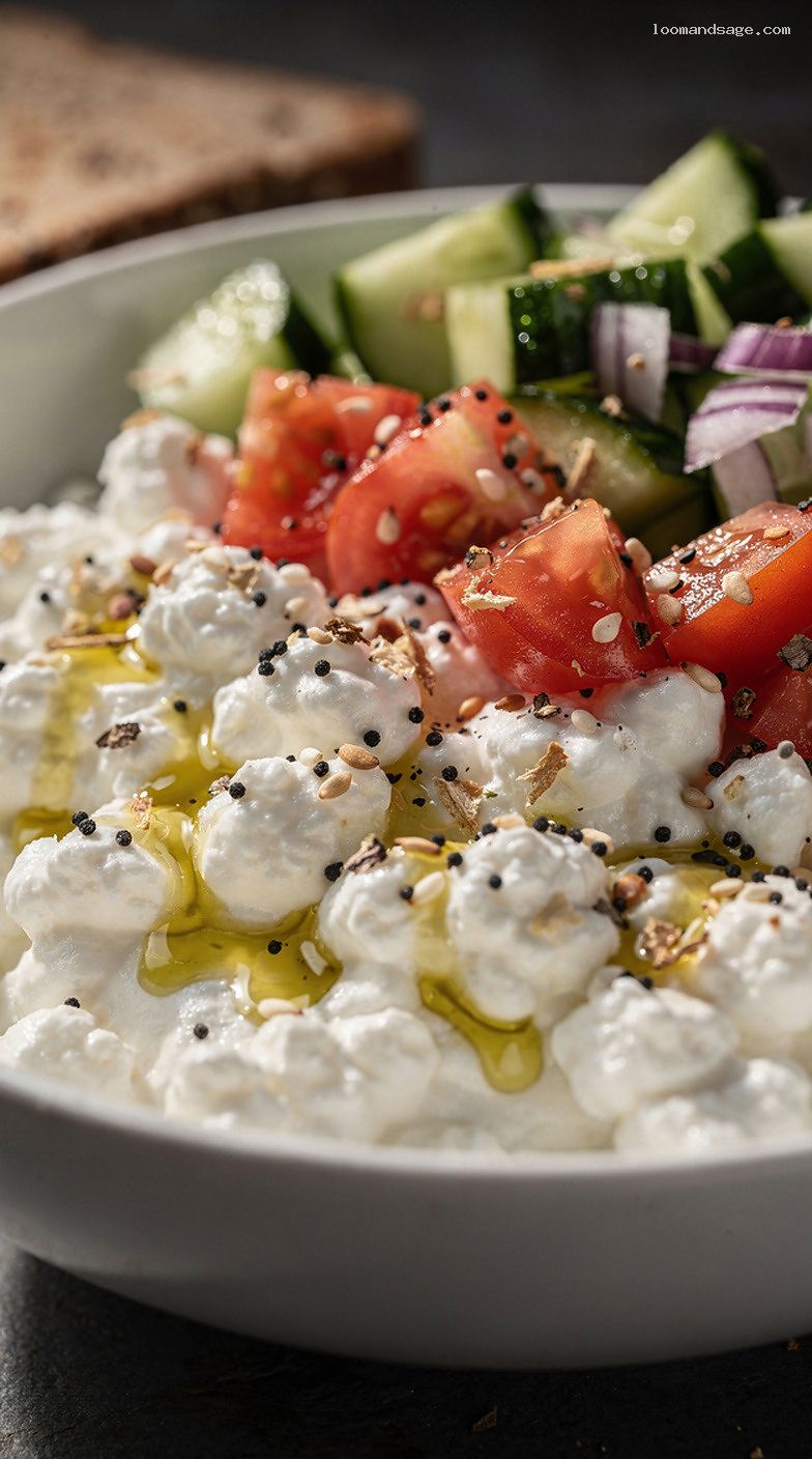 Savory Cottage Cheese Bowl With Tomato, Cucumber, and Everything Seasoning – Closeup