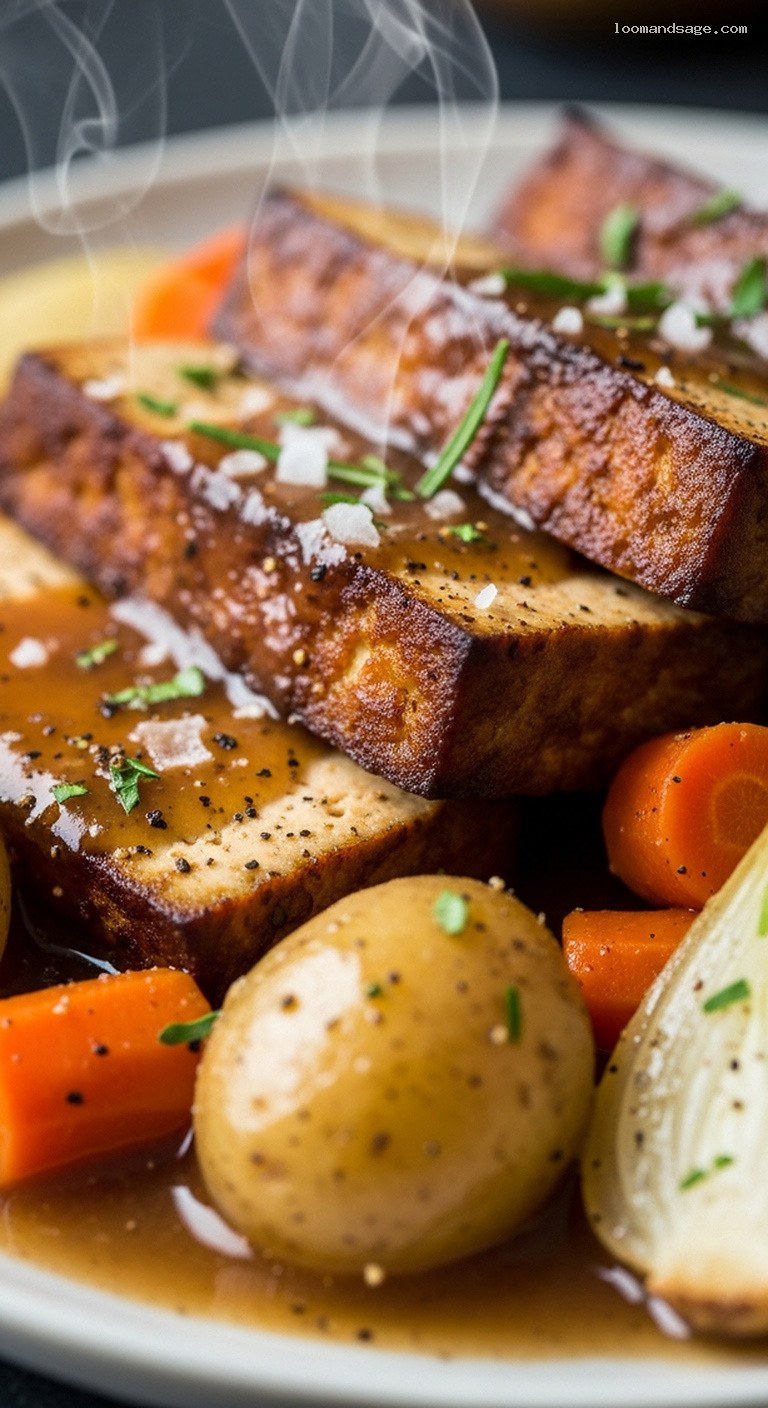 Savory Tofu Pot Roast With Potatoes and Rosemary – Closeup