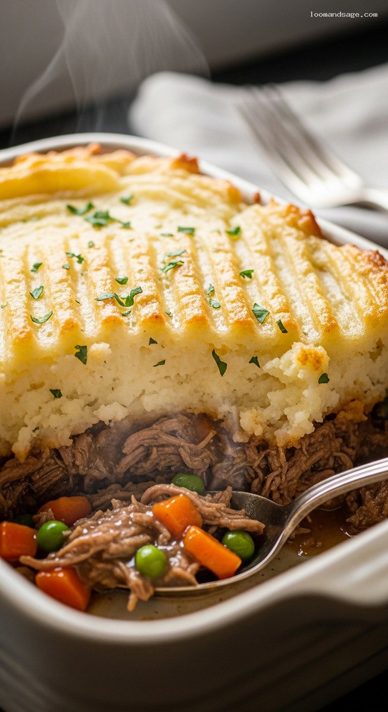 Seasoned Pulled Lamb Cottage Pie With Golden Mashed Potato Crust – Closeup