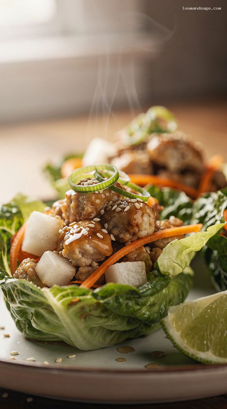 Sesame Ginger Chicken Lettuce Cups With Lime and Scallions – Closeup