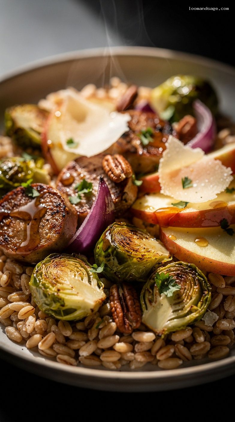 Sheet Pan Chicken Sausage and Brussels Sprouts With Mustard Maple Dressing – Closeup