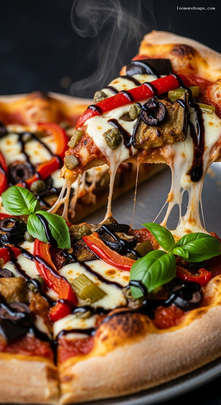 Sicilian Caponata Pizza With Roasted Peppers and Olives – Closeup