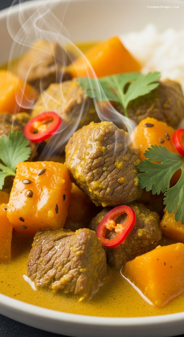 Slow Cooker Lamb and Pumpkin Coconut Curry Stew – Closeup