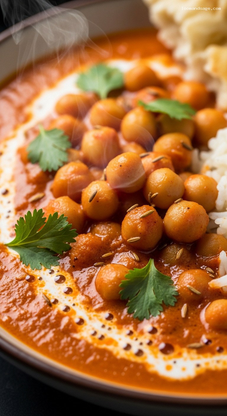 Slow-Simmered Chickpea Tomato Coconut Curry with Basmati – Closeup