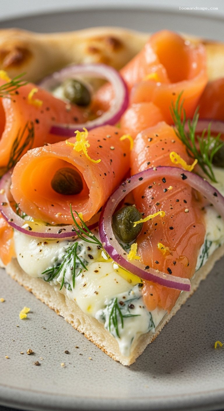 Smoked Salmon Brunch Pizza with Dill and Capers – Closeup