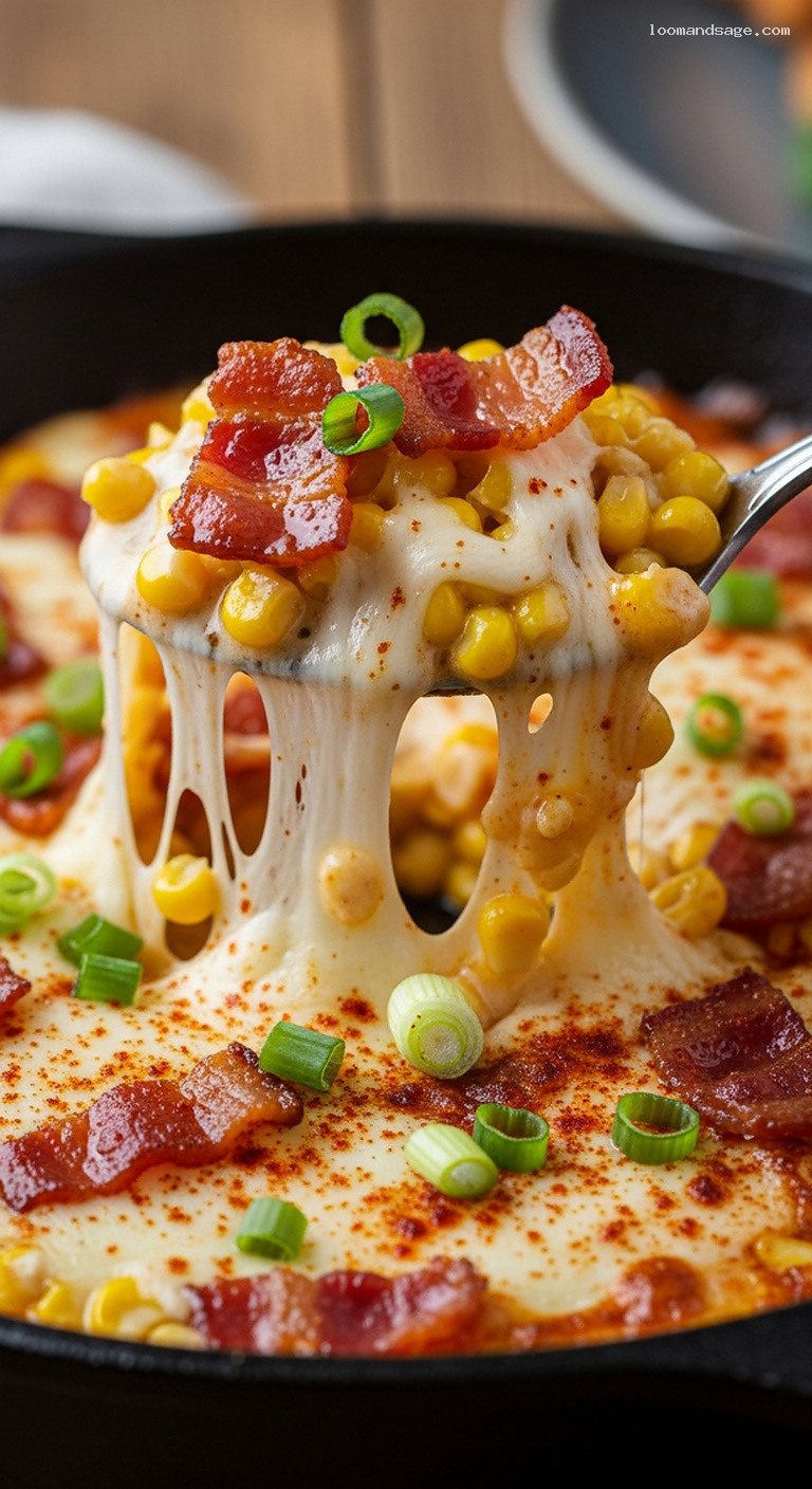 Smoky Bacon & Corn Skillet with Mozzarella – Closeup