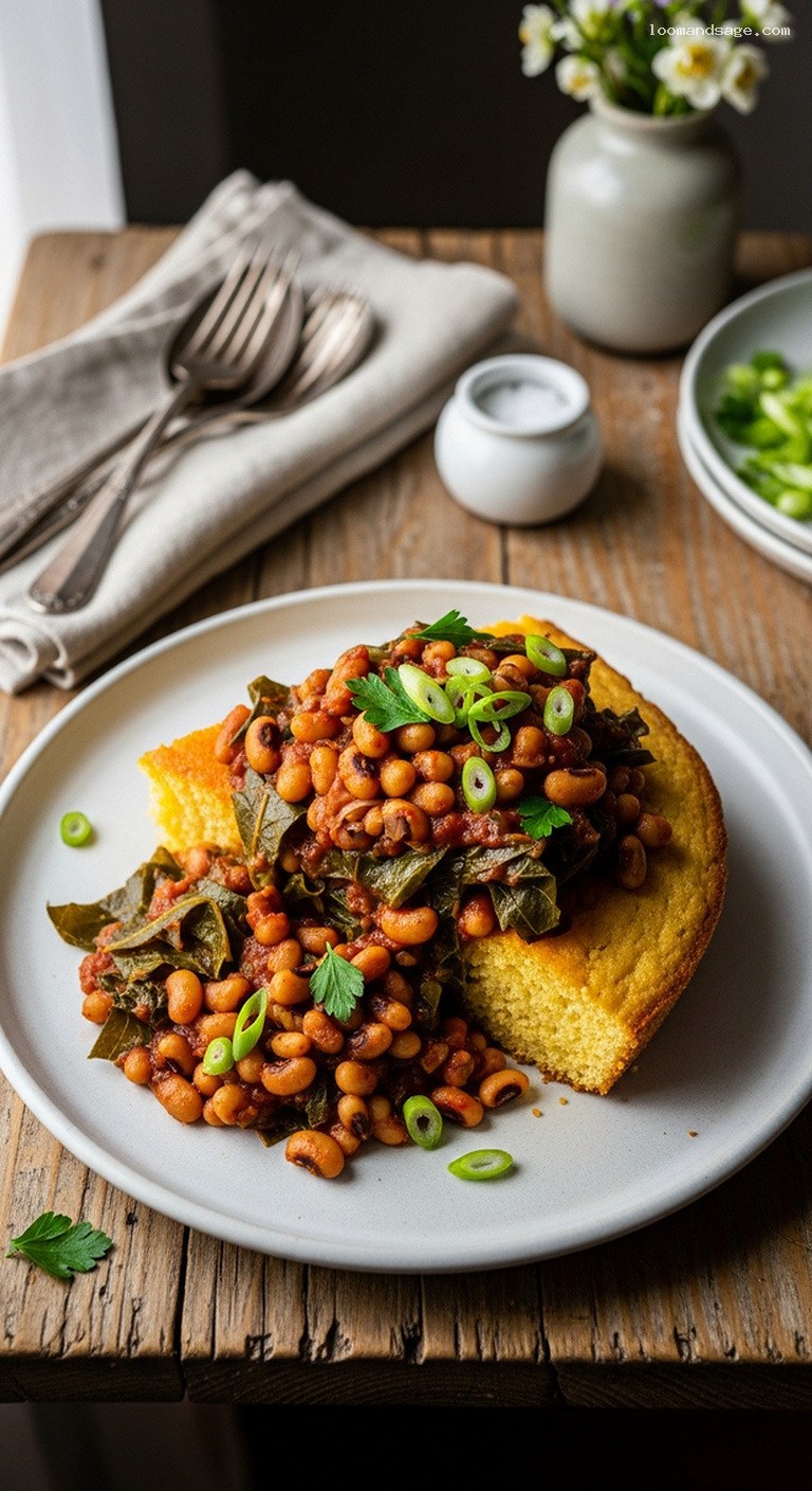 Smoky Black-Eyed Peas and Collards Over Cornbread