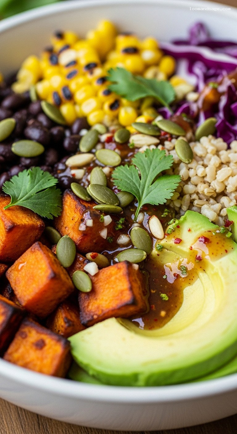 Smoky Chipotle Sweet Potato Buddha Bowls with Black Beans – Closeup
