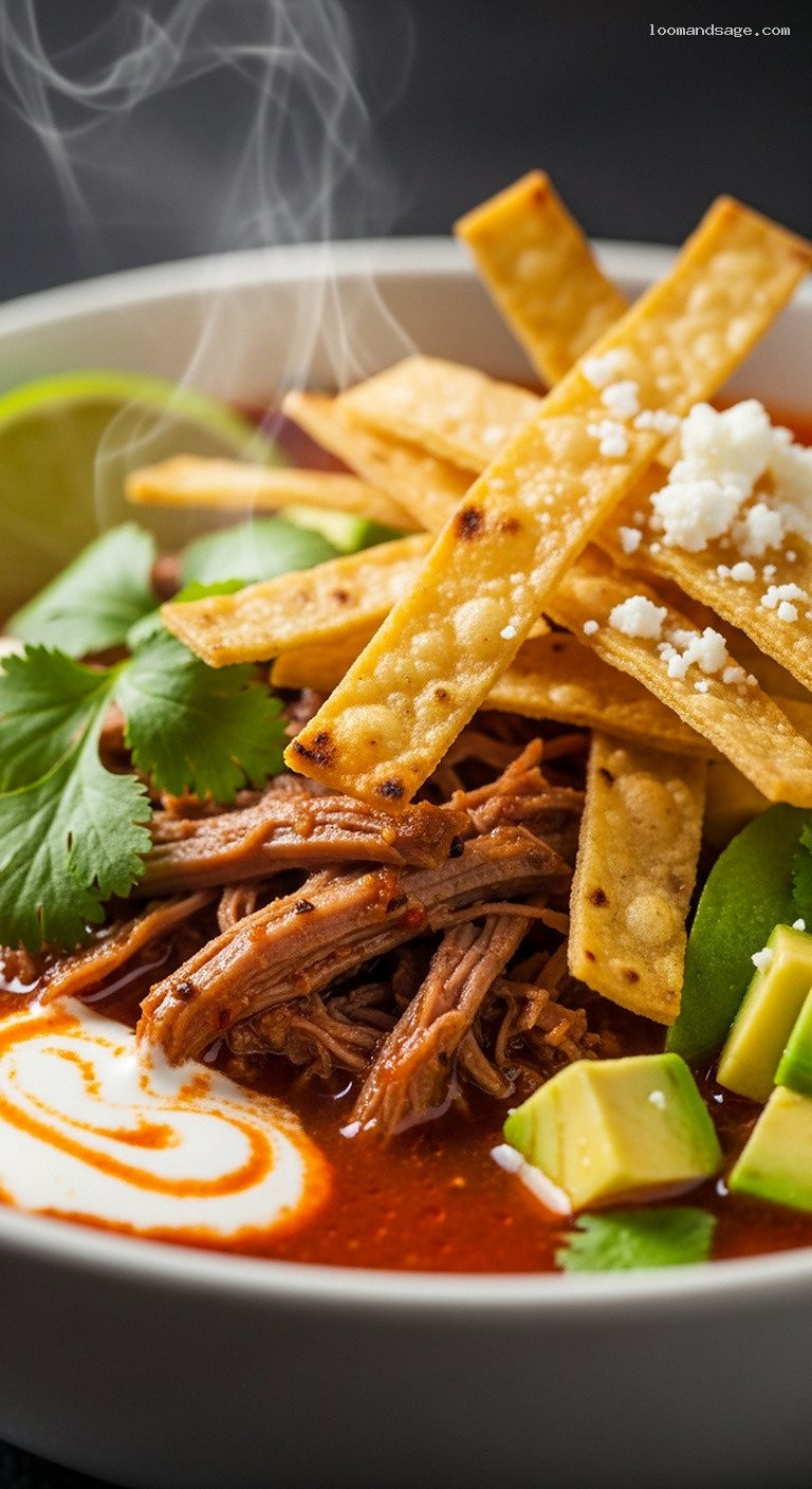 Smoky Lamb Tortilla Soup With Crispy Tortilla Strips – Closeup