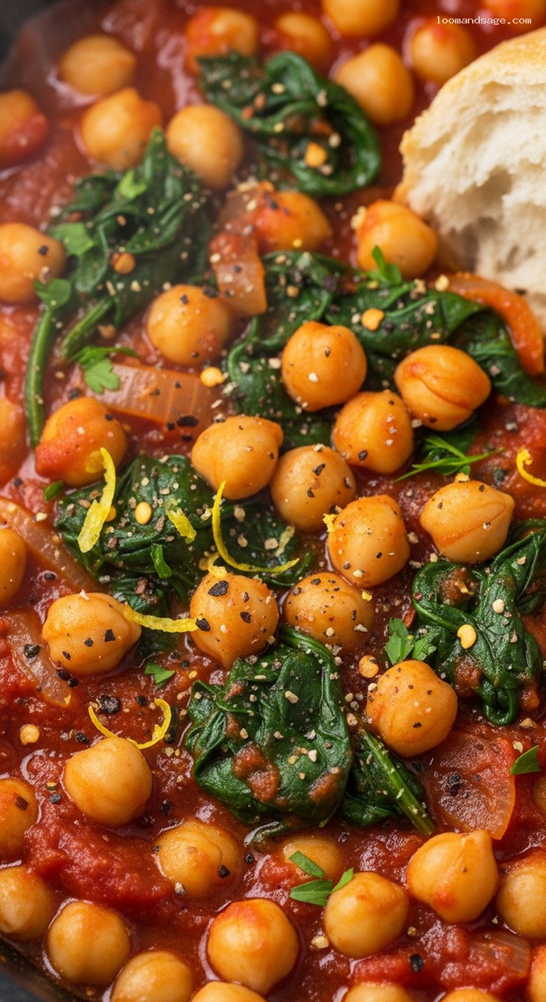 Smoky Paprika Chickpea Skillet With Tomatoes and Spinach – Closeup