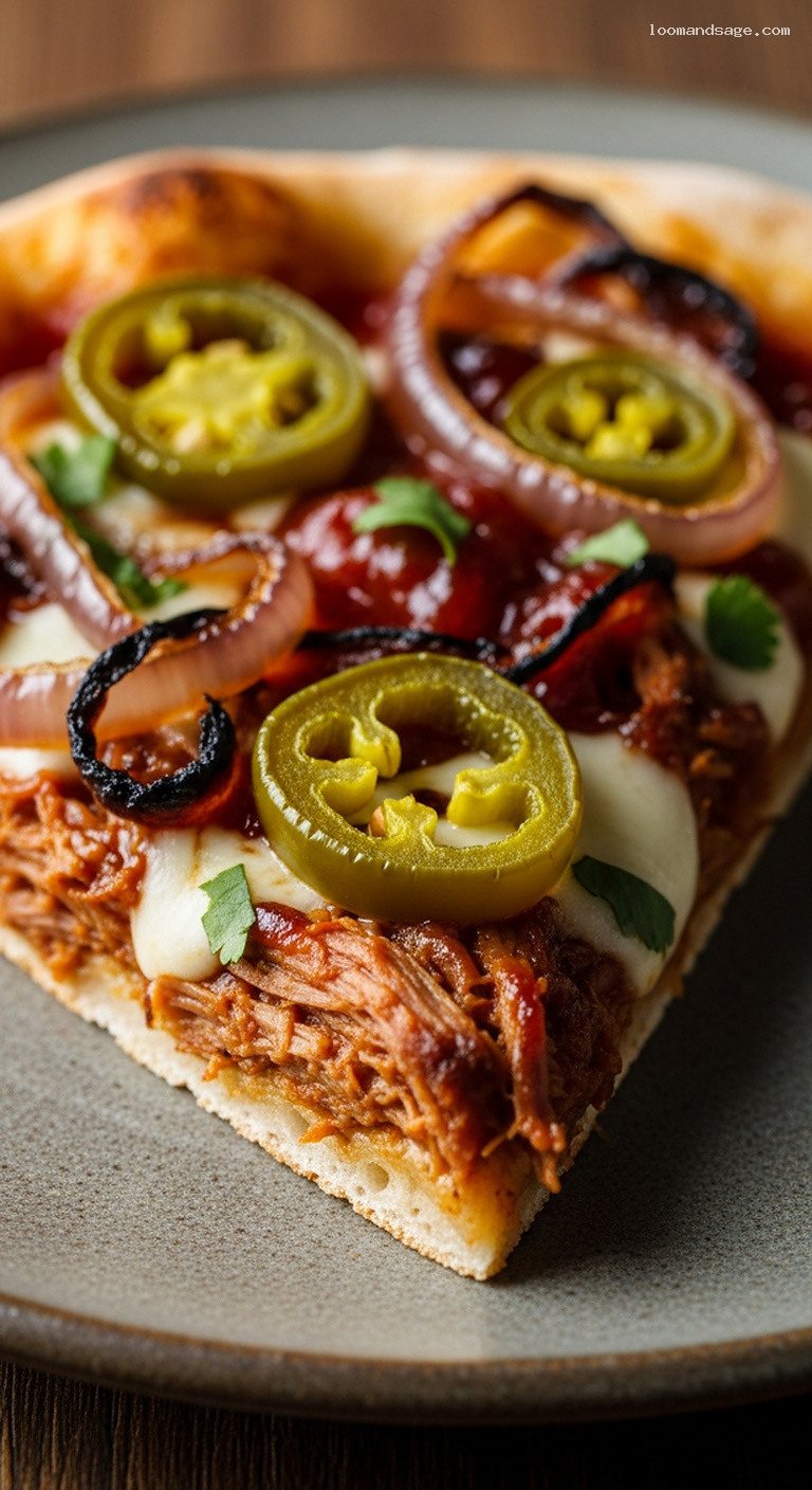 Smoky Pulled Pork and Pickled Jalapeño Pizza – Closeup
