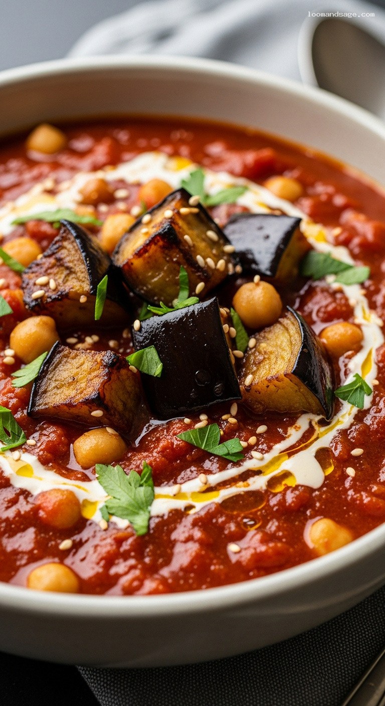 Smoky Roasted Eggplant and Chickpea Stew With Tahini – Closeup