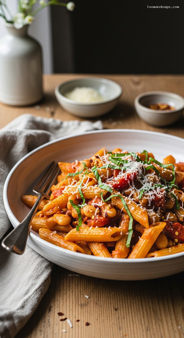 Smoky Roasted Red Pepper and White Bean Penne