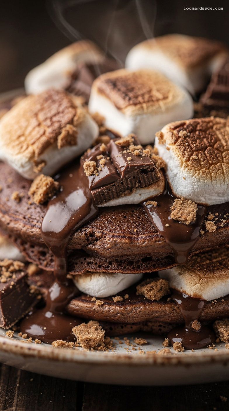 S’mores Pancakes With Toasted Marshmallows and Graham Crumble – Closeup