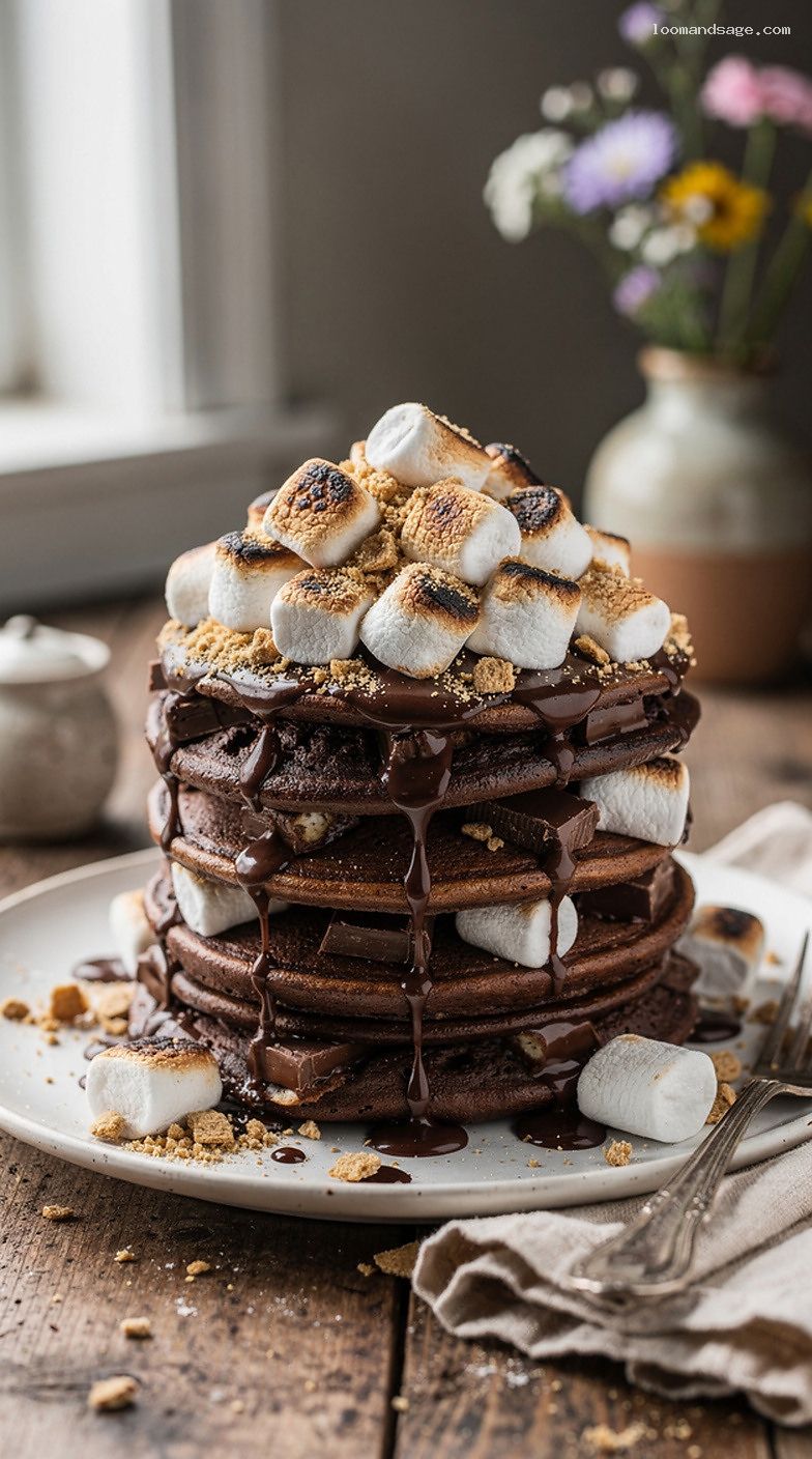 S’mores Pancakes With Toasted Marshmallows and Graham Crumble