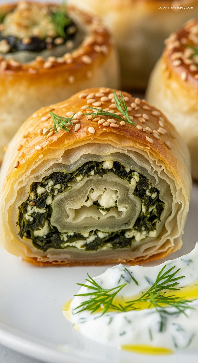 Spanakopita Rolls: Spinach and Feta Phyllo Spirals – Closeup