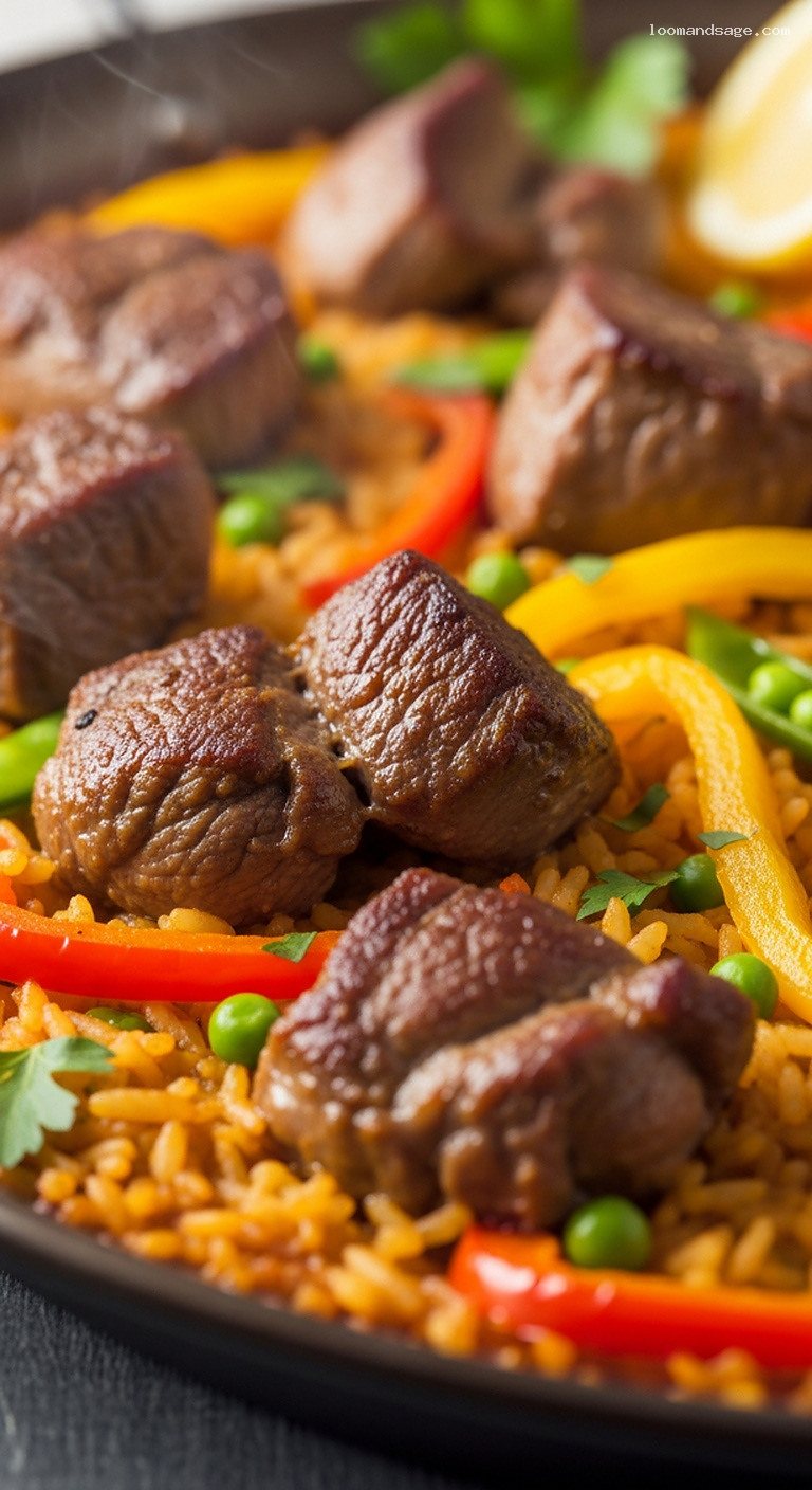 Spanish Lamb Paella with Saffron Rice and Peppers – Closeup