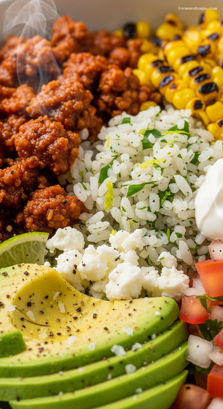 Spiced Lamb Burrito Bowls With Cilantro Lime Rice – Closeup