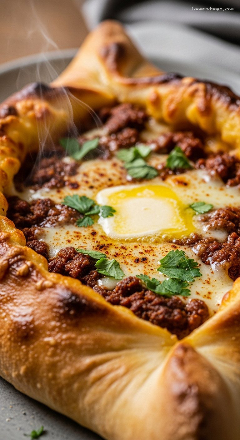 Spiced Lamb Khachapuri With Gooey Cheese Center – Closeup