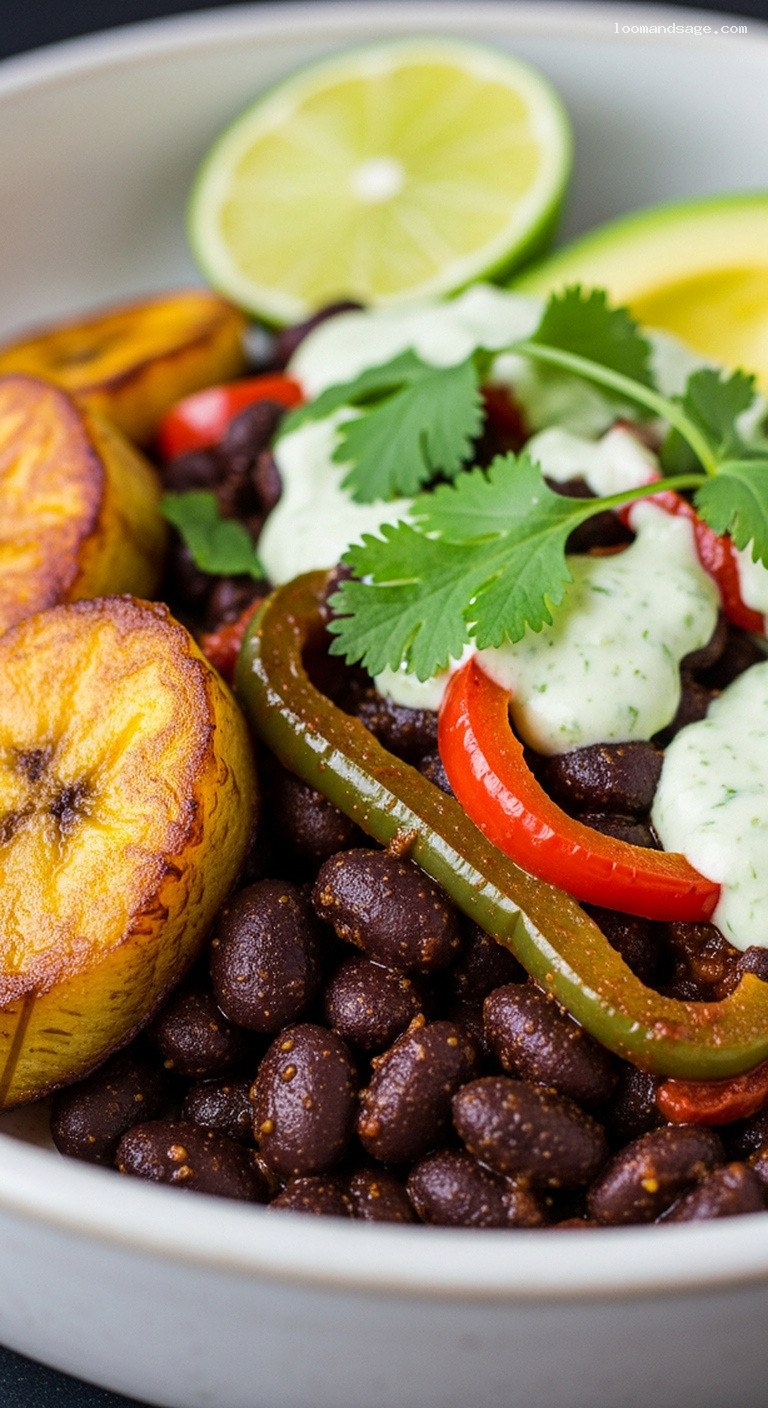 Spicy Black Bean and Plantain Skillet with Cilantro-Lime – Closeup