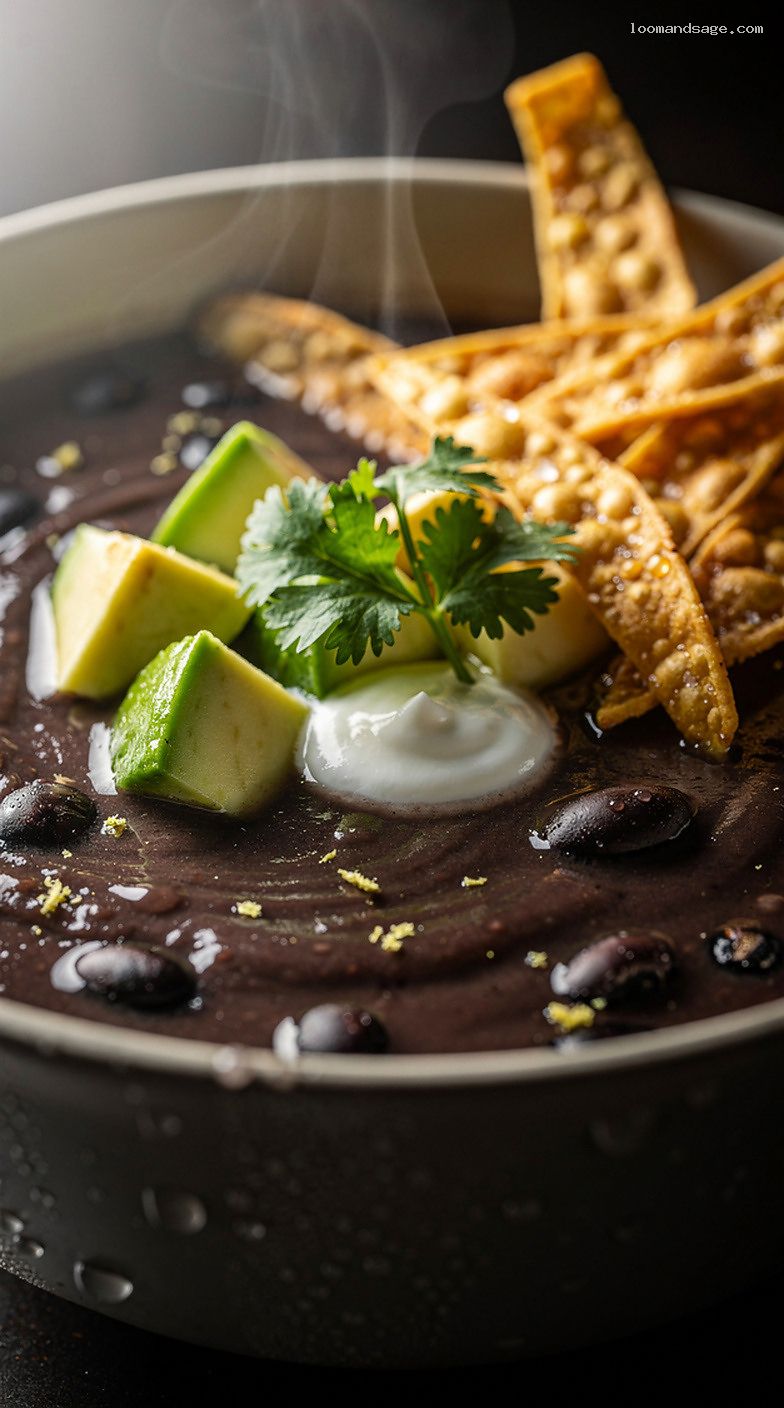 Spicy Black Bean Soup With Lime and Crunchy Tortilla Strips – Closeup