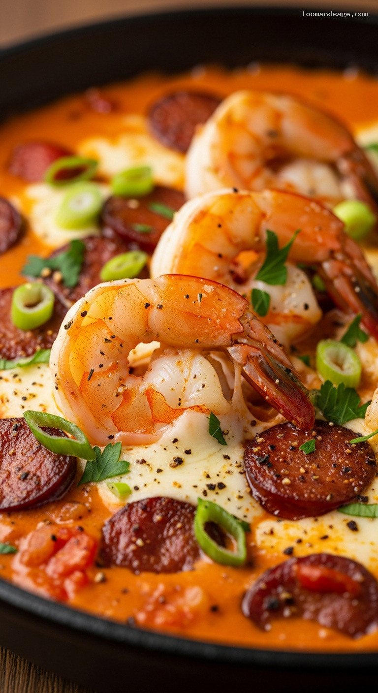 Spicy Cajun Shrimp and Andouille with Mozzarella – Closeup