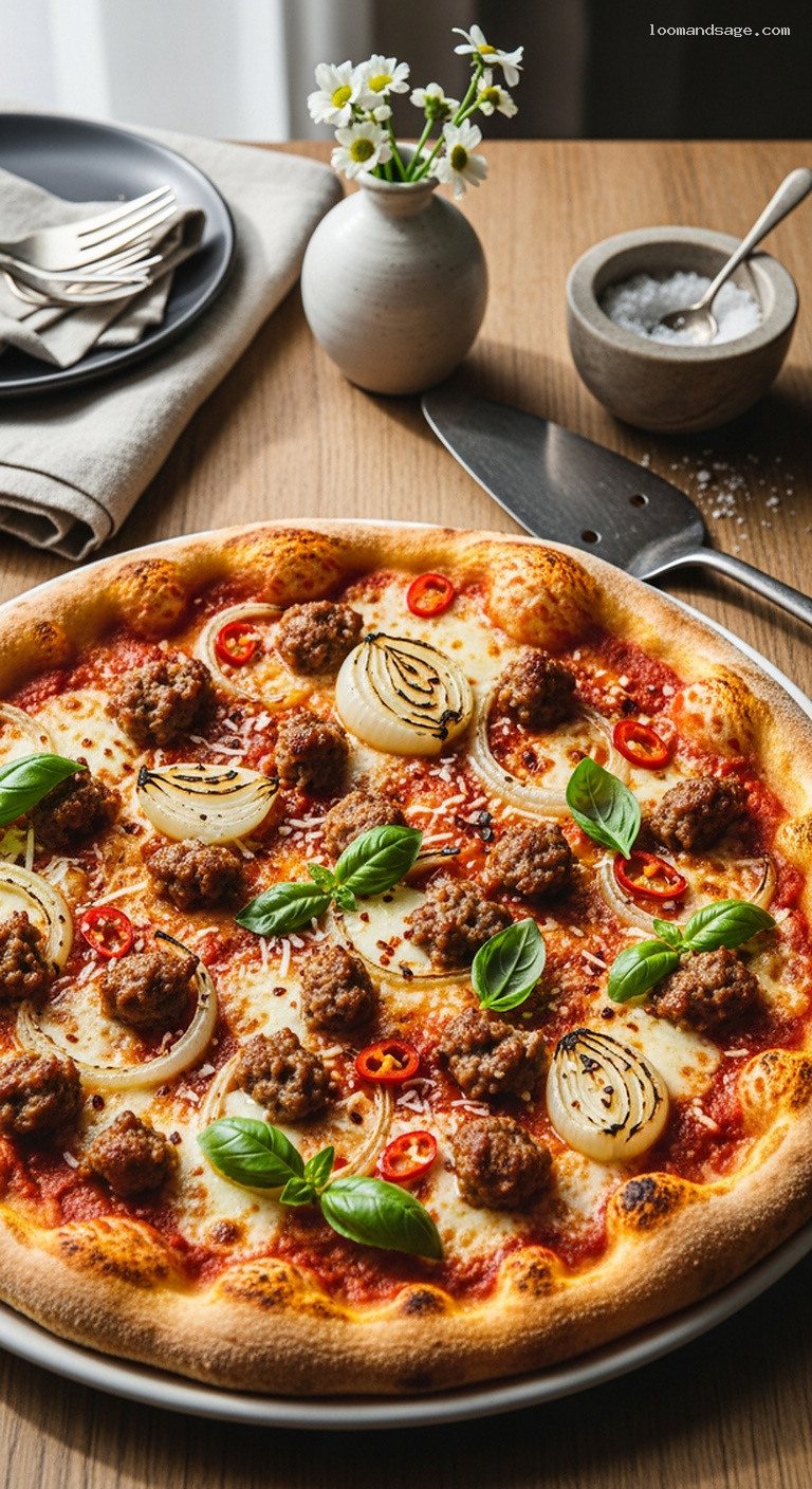 Spicy Calabrian Chili and Sausage Pizza with Roasted Onions