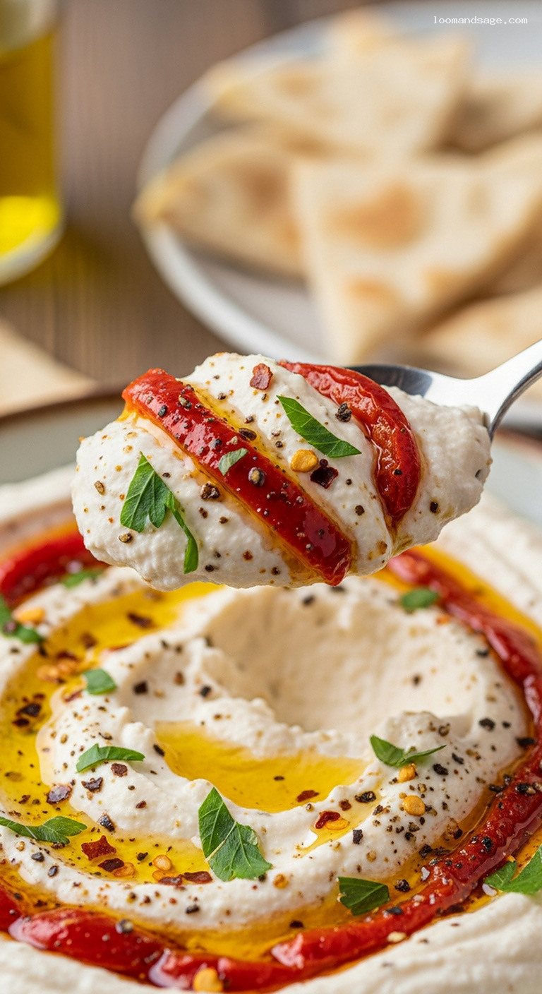 Spicy Whipped Feta (Tyrokafteri) With Roasted Peppers – Closeup
