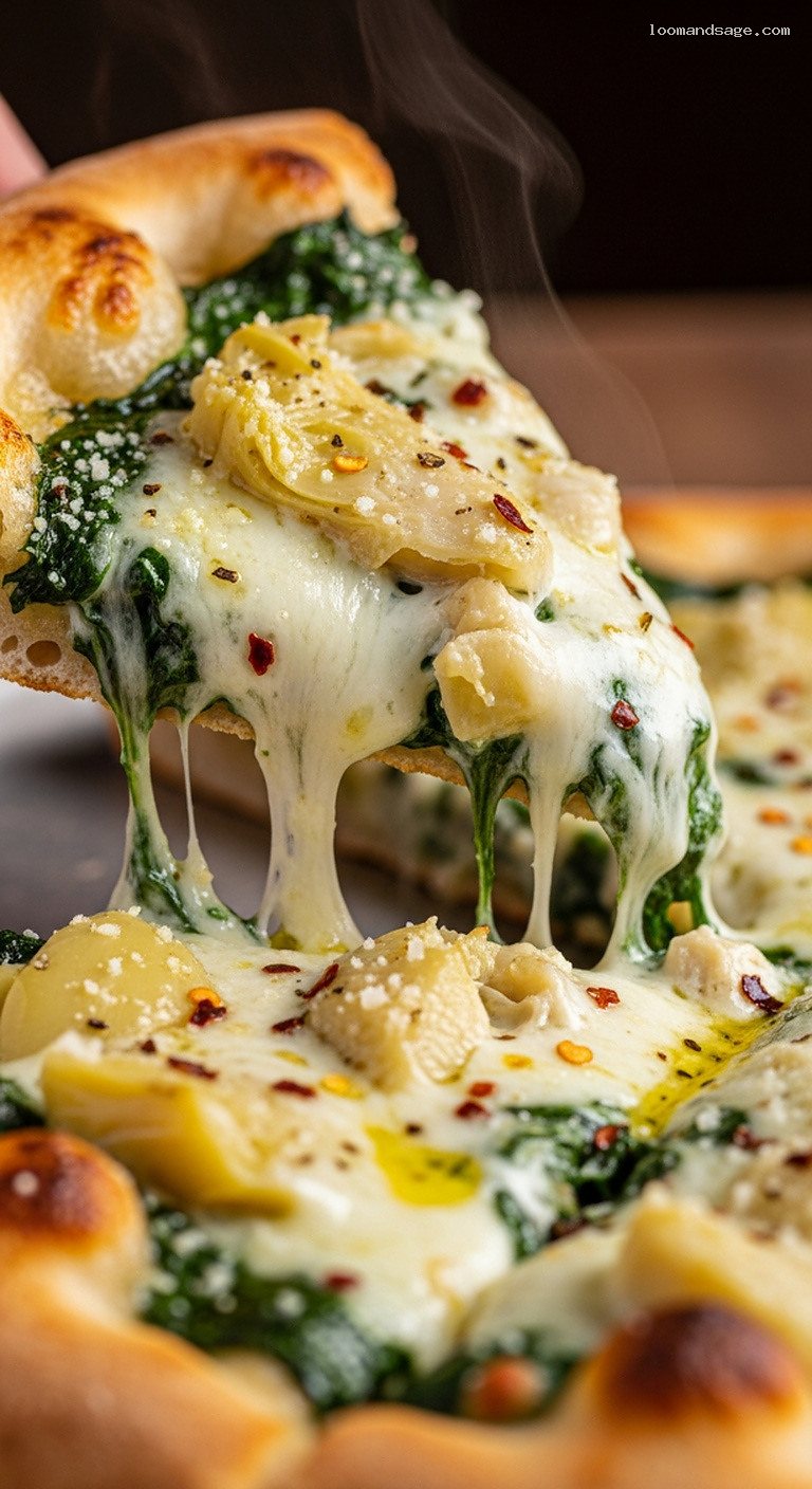 Spinach Artichoke Dip Pizza With Mozzarella and Parmesan – Closeup