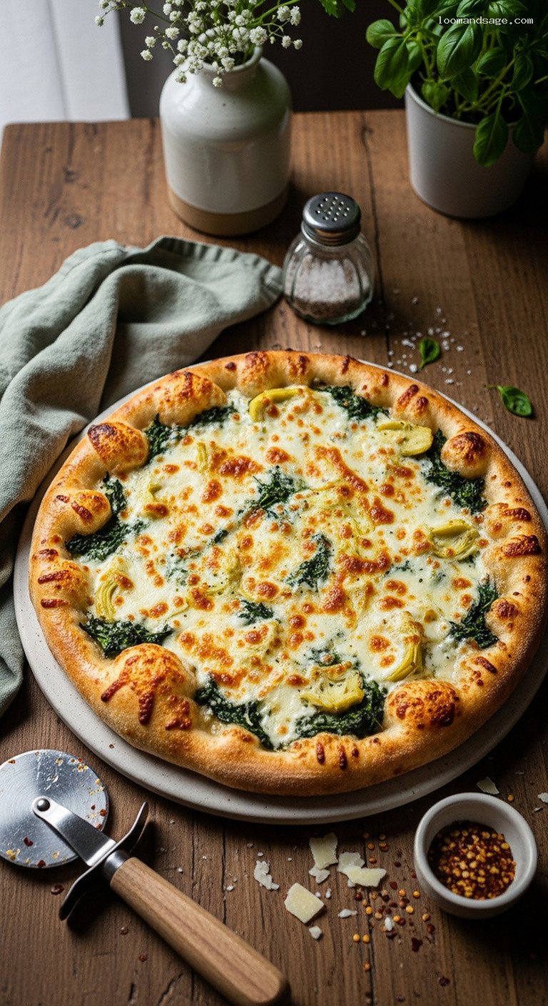 Spinach Artichoke Dip Pizza With Mozzarella and Parmesan