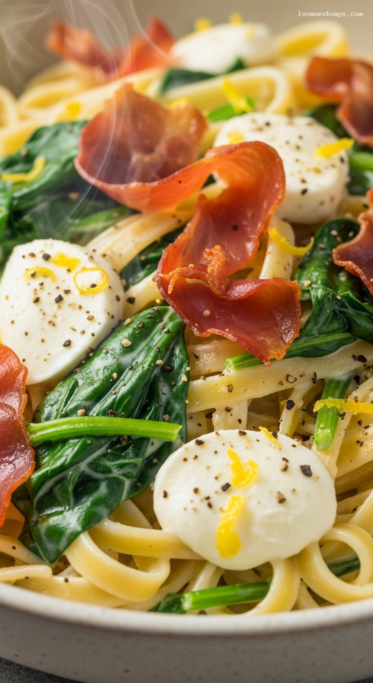 Spinach, Lemon and Prosciutto Cream Pasta – Closeup