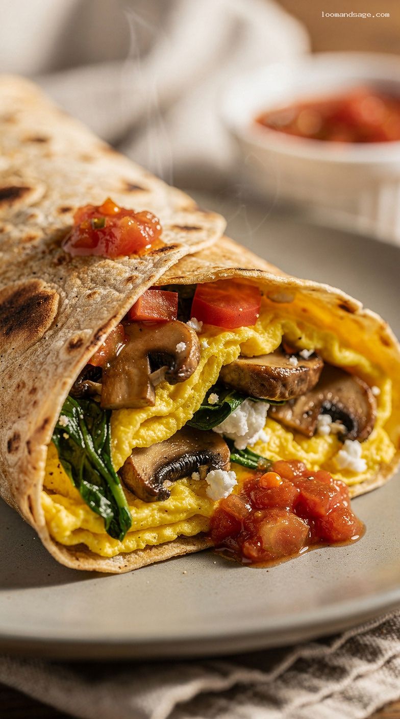 Spinach Mushroom Feta Omelet Wrap with Tomato and Salsa – Closeup