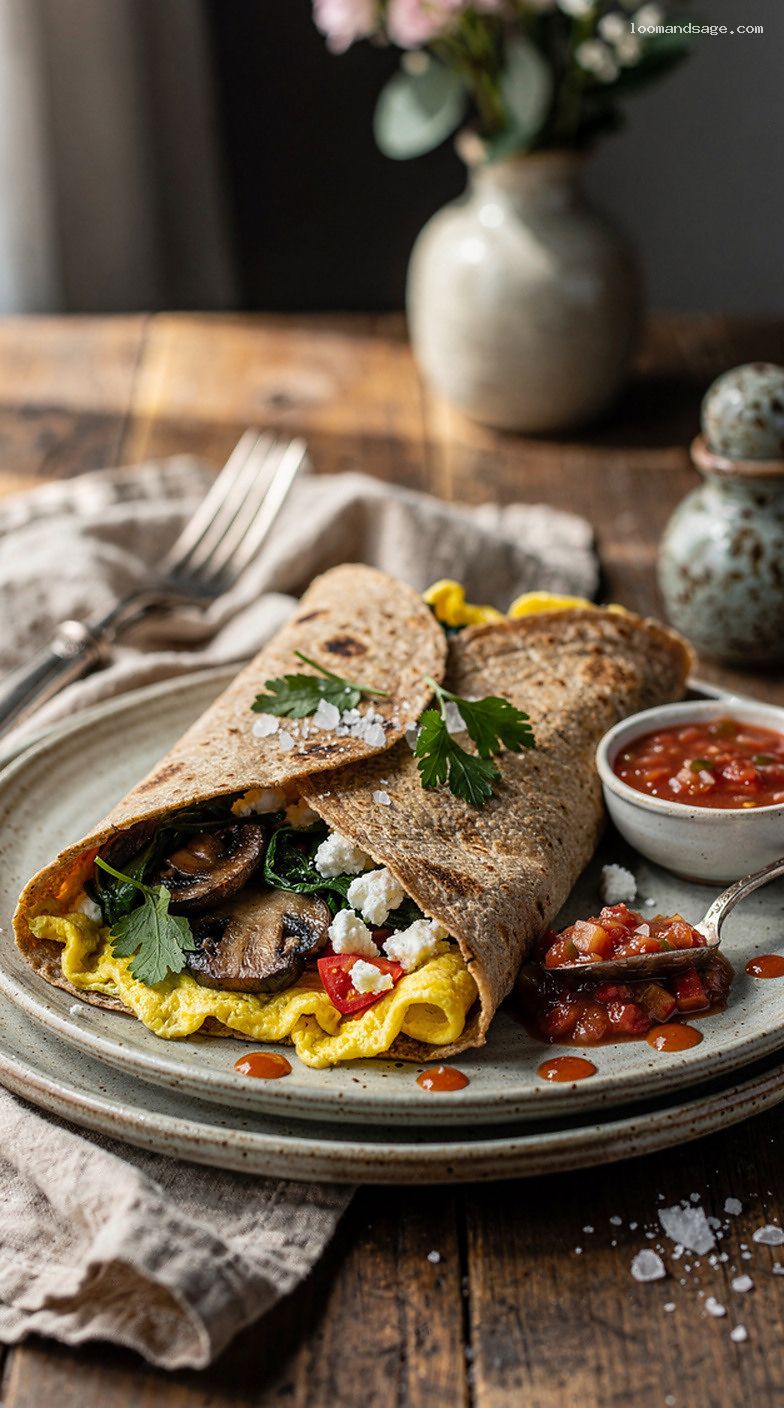 Spinach Mushroom Feta Omelet Wrap with Tomato and Salsa