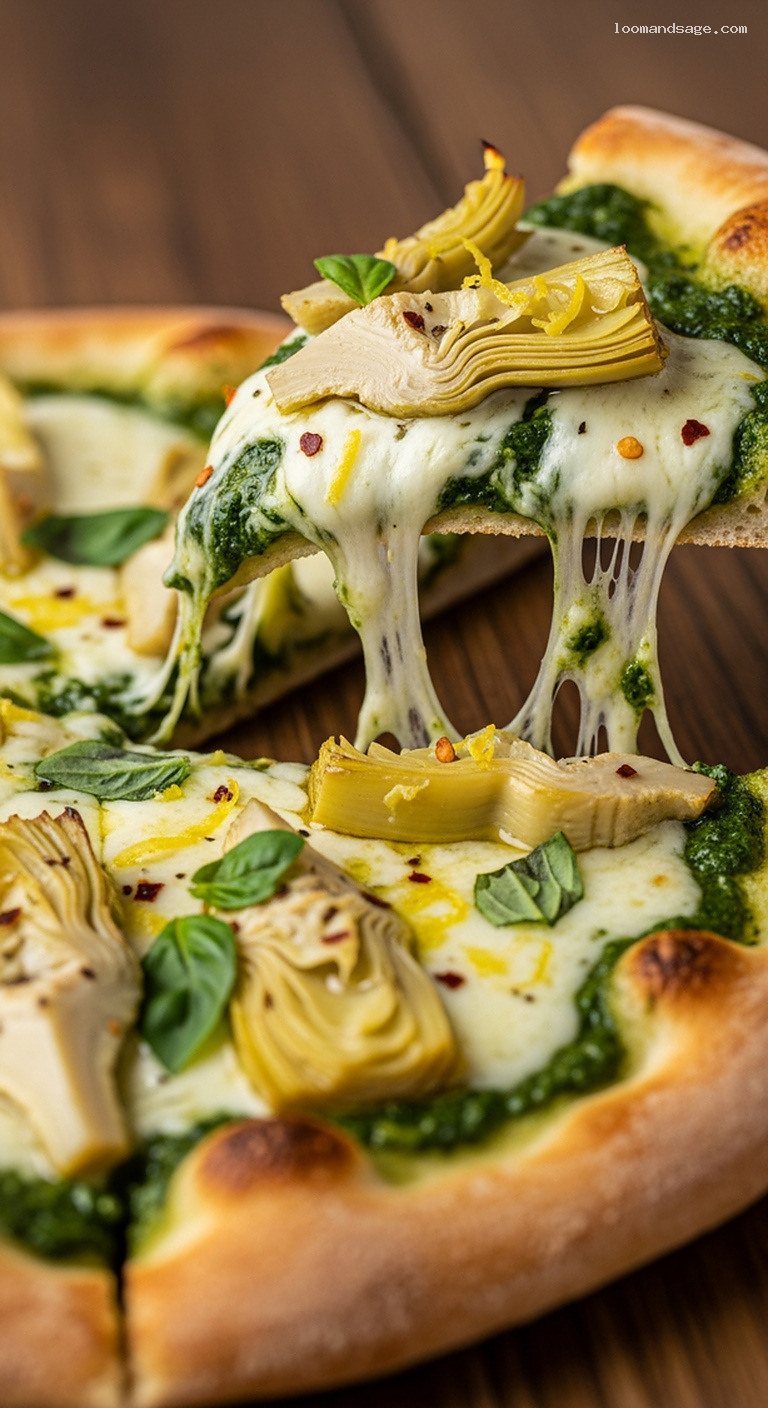 Spinach Pesto & Artichoke Hearts Pizza – Closeup