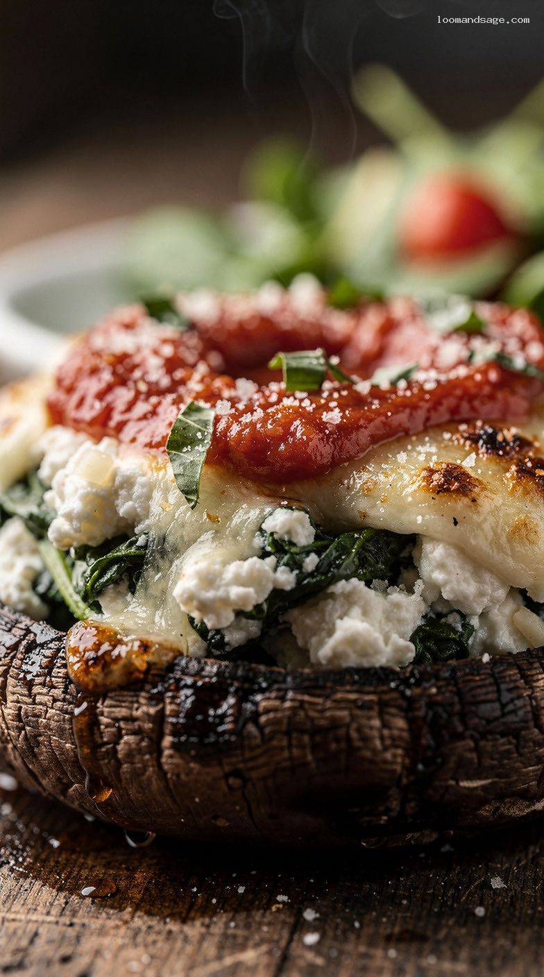 Spinach Ricotta Stuffed Portobello Mushrooms With Marinara and Mozzarella – Closeup