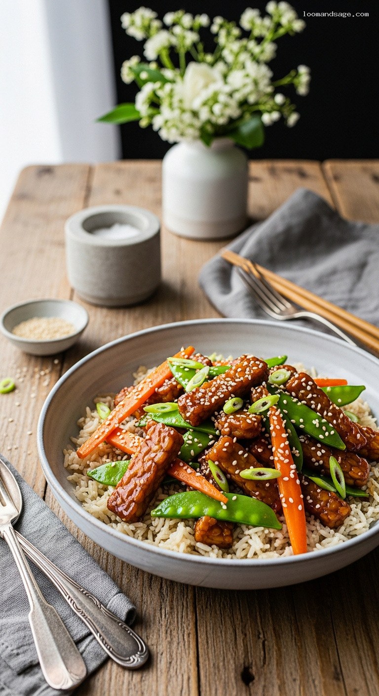 Sticky Orange Tempeh Stir-Fry with Snow Peas and Rice