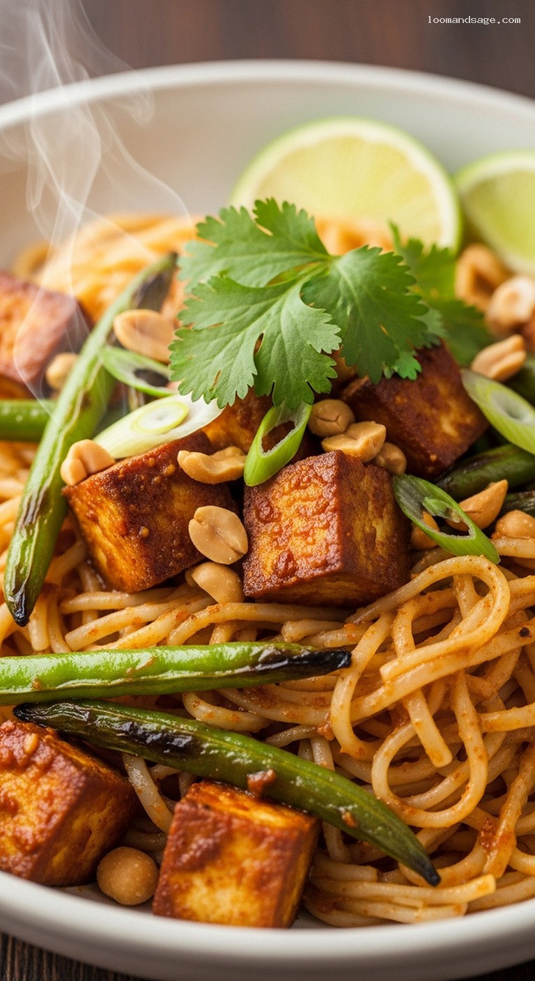 Sticky Peanut Curry Tofu with Green Beans and Noodles – Closeup
