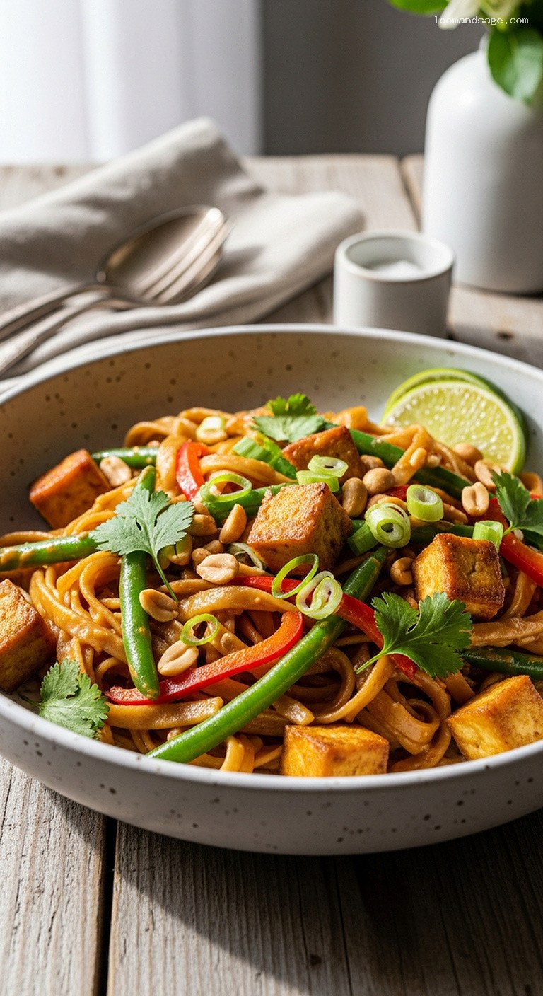 Sticky Peanut Curry Tofu with Green Beans and Noodles