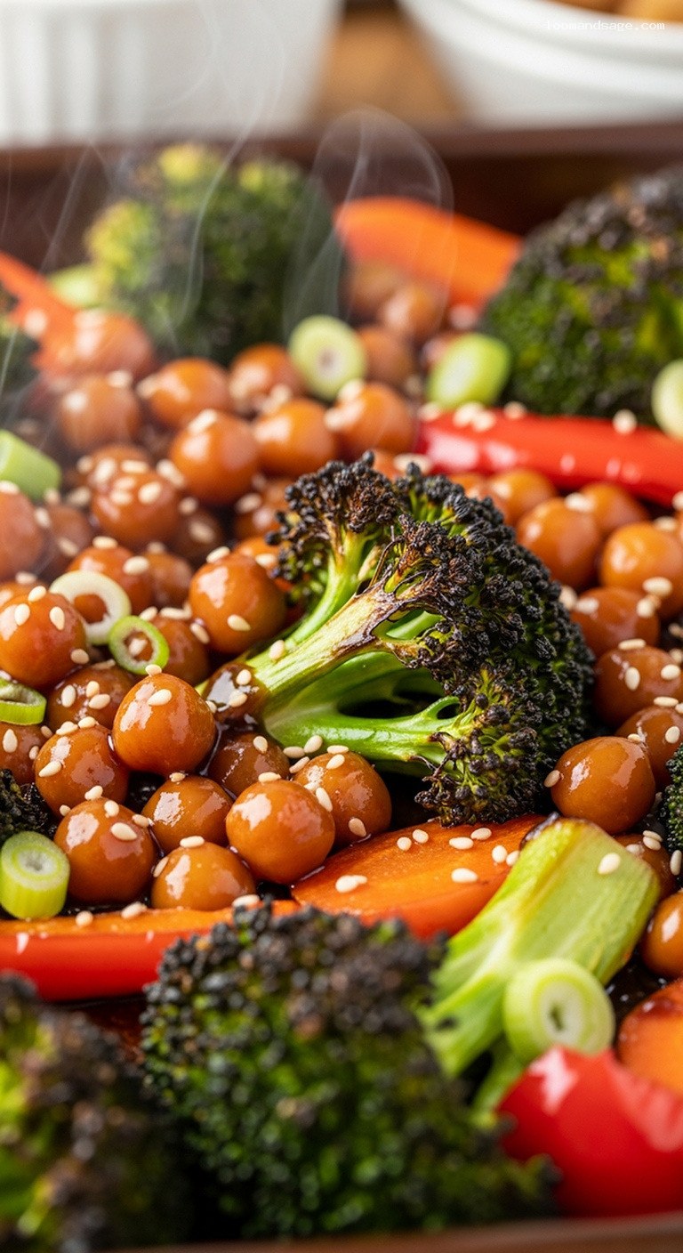 Sticky Teriyaki Chickpea and Broccoli Sheet Pan Dinner – Closeup