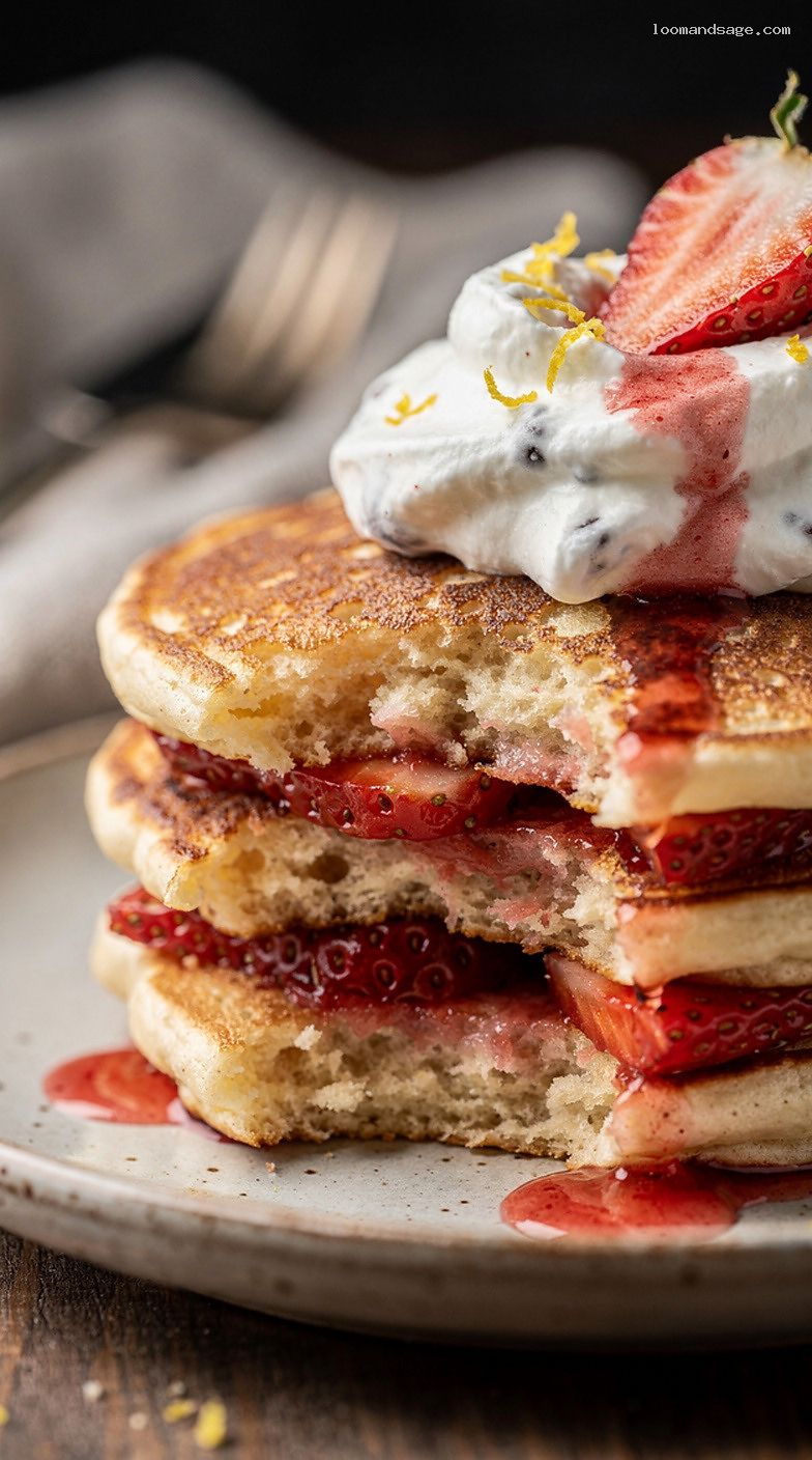 Strawberries and Cream Pancakes With Vanilla and Whipped Cream – Closeup