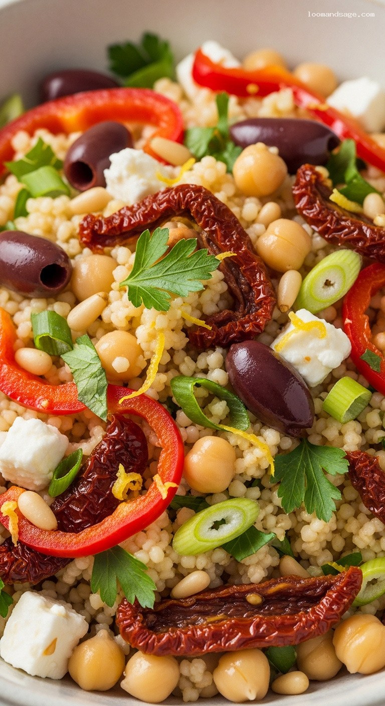Sun-Dried Tomato and Olive Couscous Salad with Chickpeas – Closeup