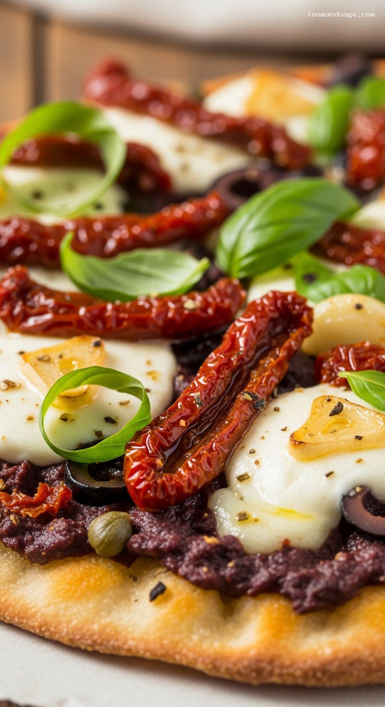 Sun-Dried Tomato and Olive Tapenade Pizza with Basil – Closeup