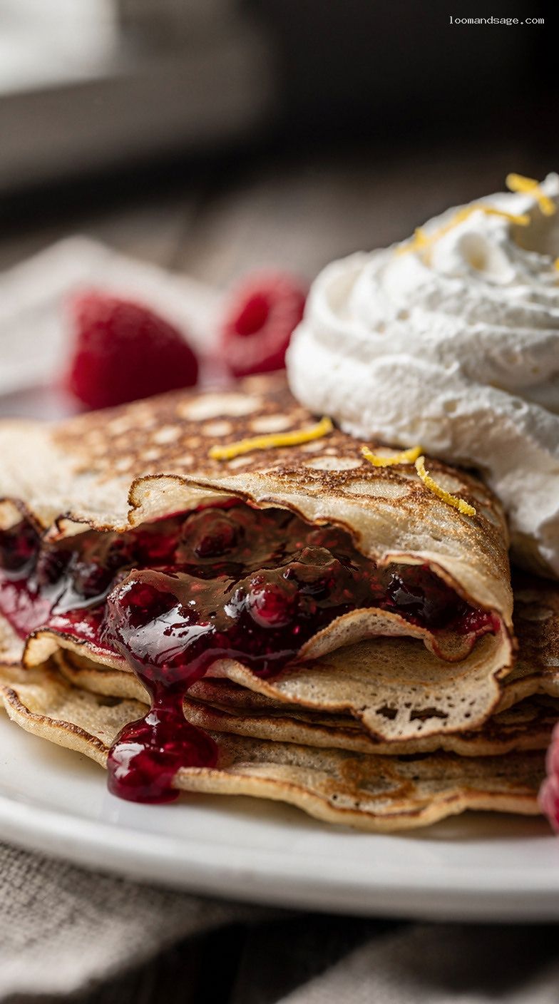 Swedish Pancakes with Lingonberry Jam and Whipped Cream – Closeup