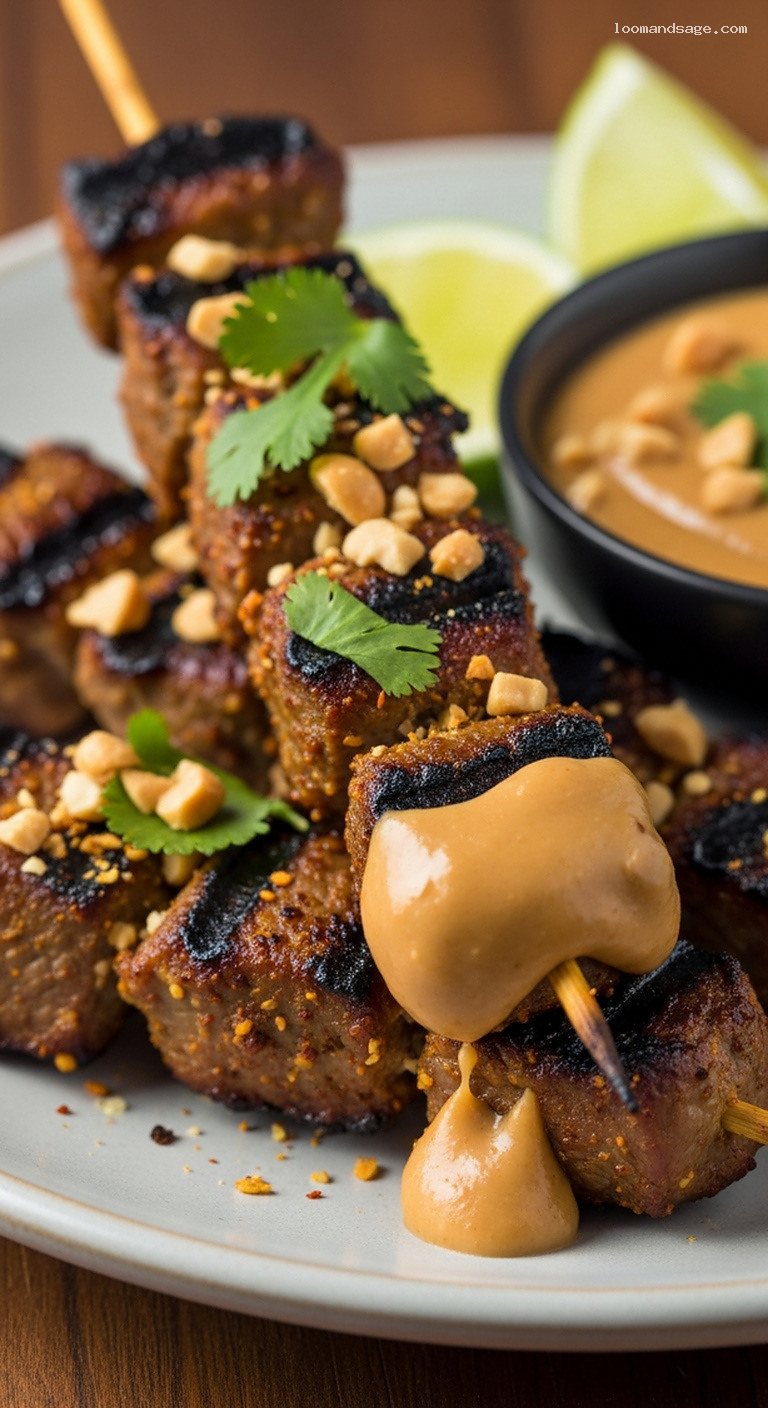 Sweet and Spicy Lamb Satay with Peanut Sauce – Closeup