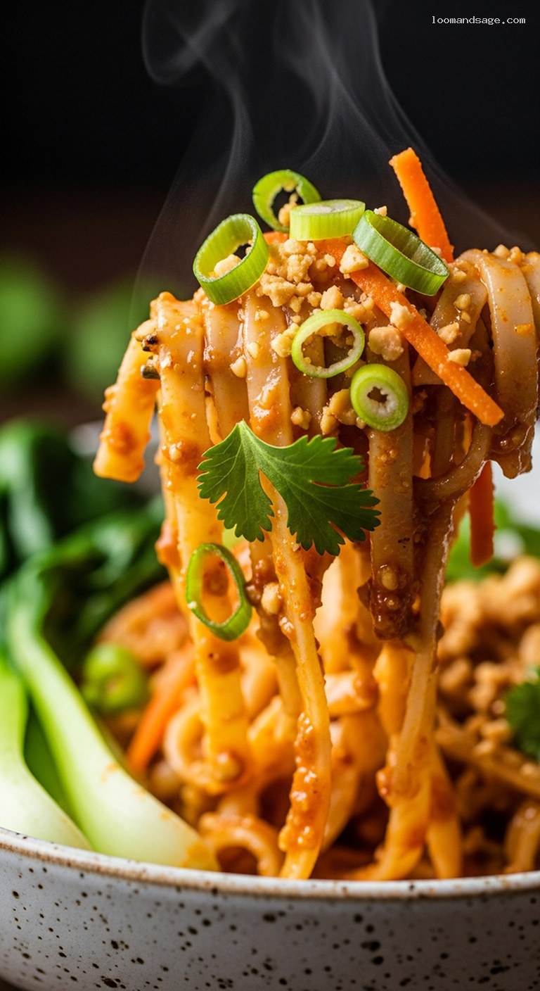 Sweet and Spicy Peanut Noodle Stir Fry with Bok Choy – Closeup