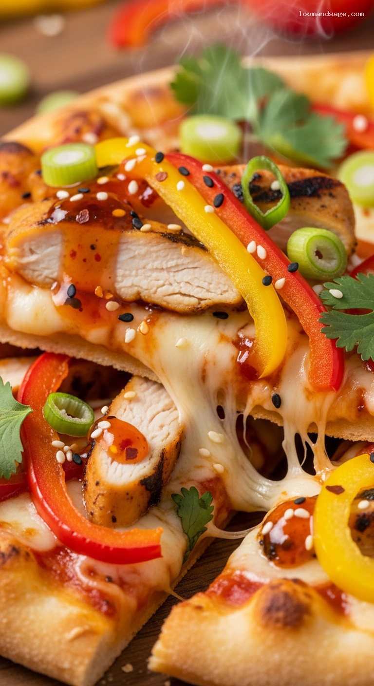 Sweet Chili Chicken Pizza with Bell Peppers and Scallions – Closeup