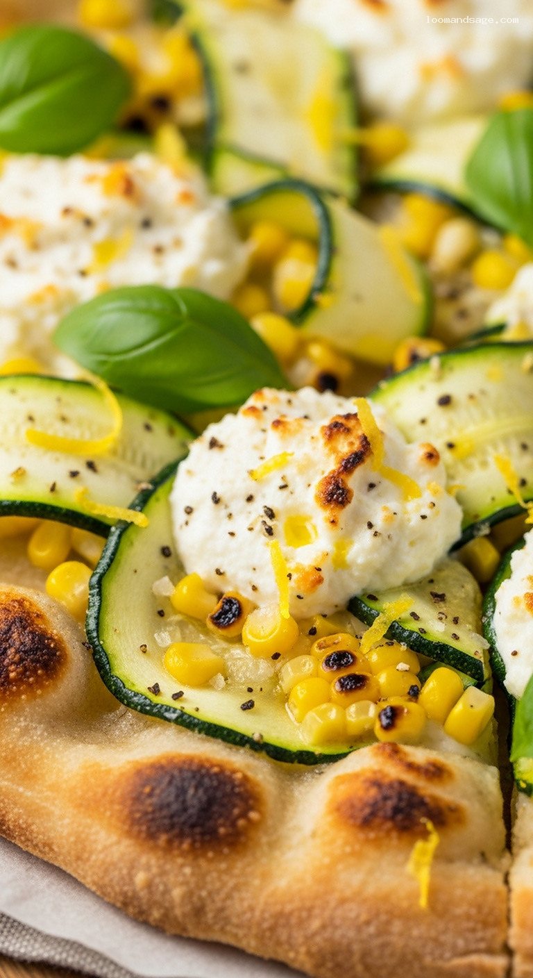 Sweet Corn, Zucchini and Ricotta Pizza – Closeup